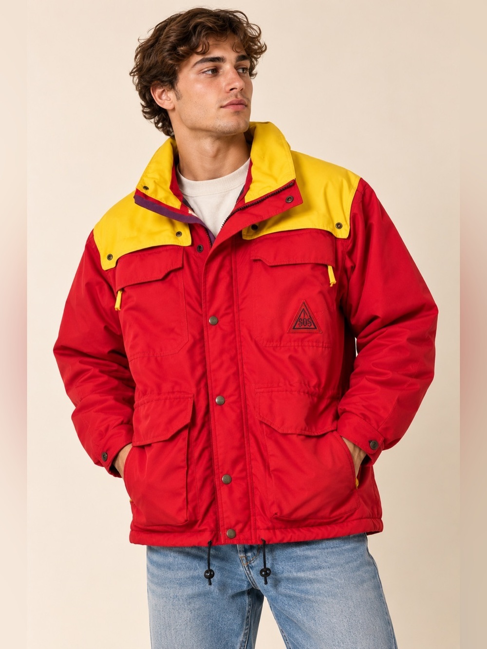 Vintage 90s SOS Colorblock Ski Jacket Red Yellow Thinsulate Men's S